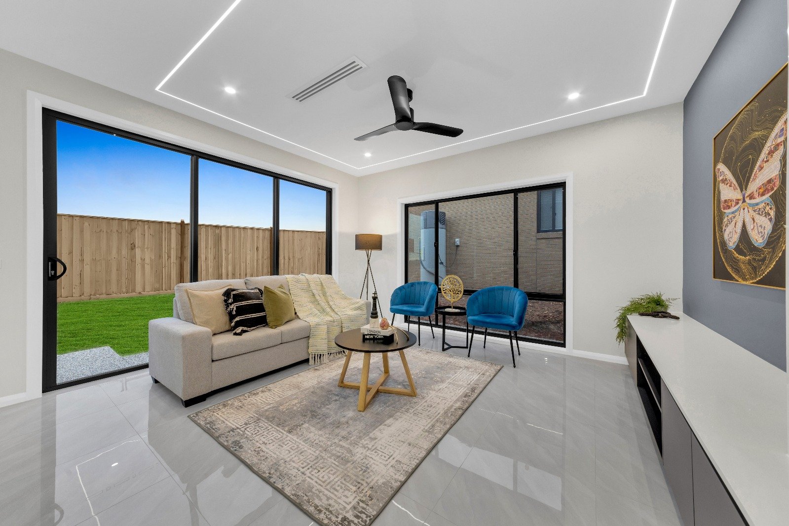 Open living room opening to the backyard